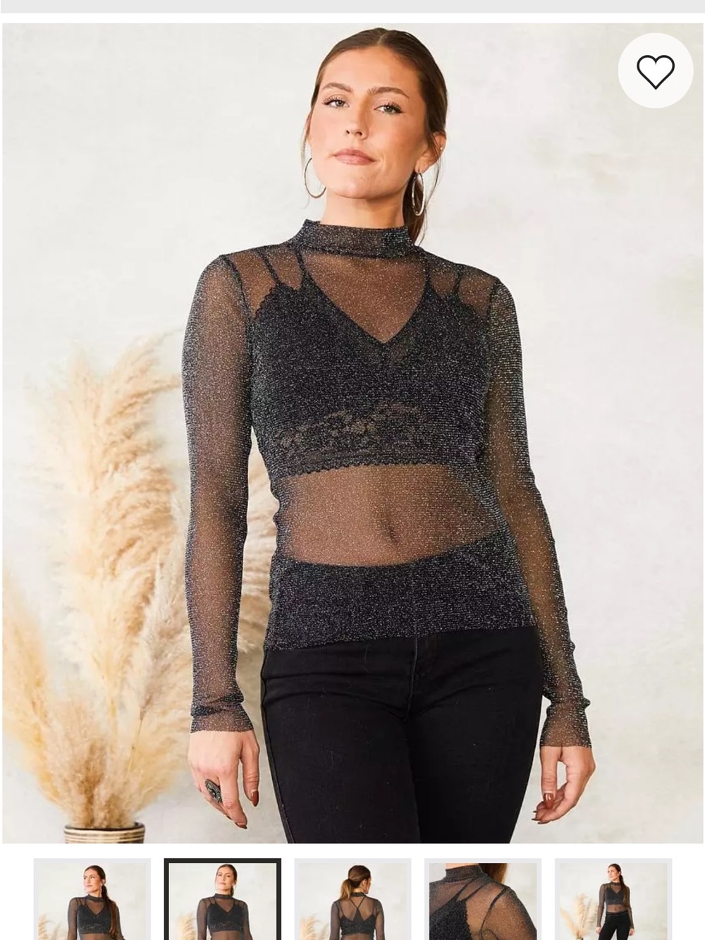 Sparkle Sheer Mock Neck Long-Sleeve Top - Black